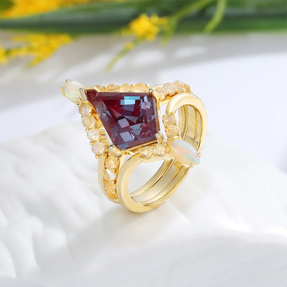 Alexandrite Ring Set with Opal and Moonstone Gold