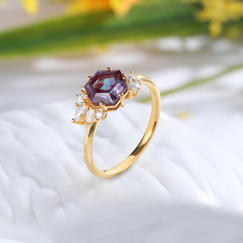 Natural Alexandrite Gold Ring with Moissanite